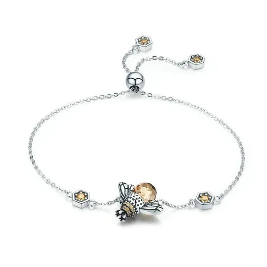 Sterling Silver Dancing Bee Charm Bracelet with CZ - Velora Luxury Fashion