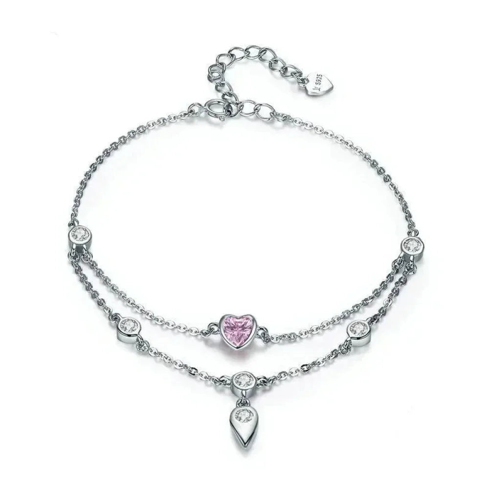 Sterling Silver Double Layer Bracelet with Pink CZ Hearts - Velora Luxury Fashion
