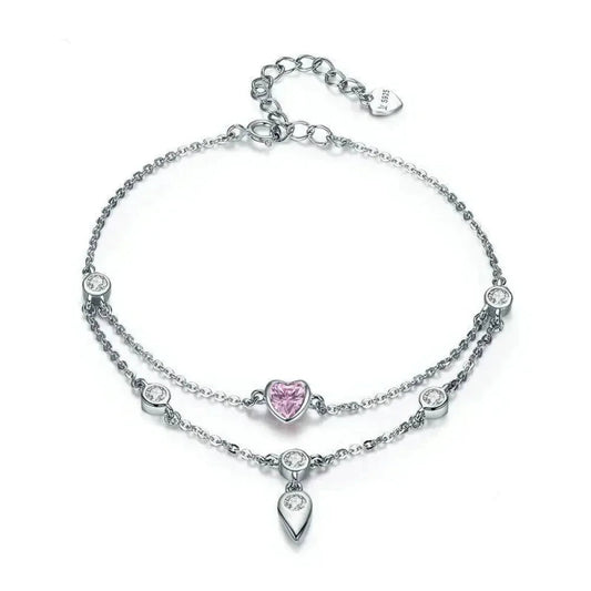 Sterling Silver Double Layer Bracelet with Pink CZ Hearts - Velora Luxury Fashion