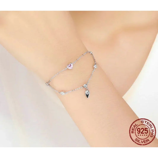 Sterling Silver Double Layer Bracelet with Pink CZ Hearts - Velora Luxury Fashion