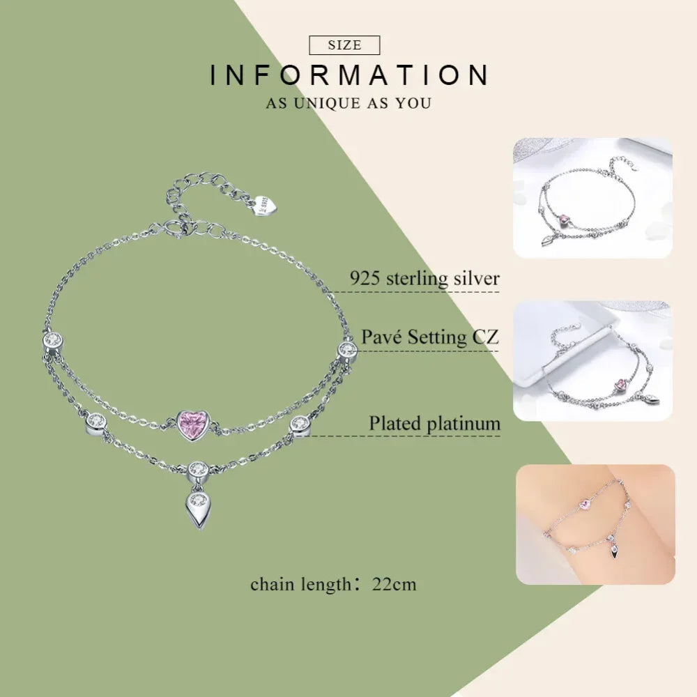 Sterling Silver Double Layer Bracelet with Pink CZ Hearts - Velora Luxury Fashion
