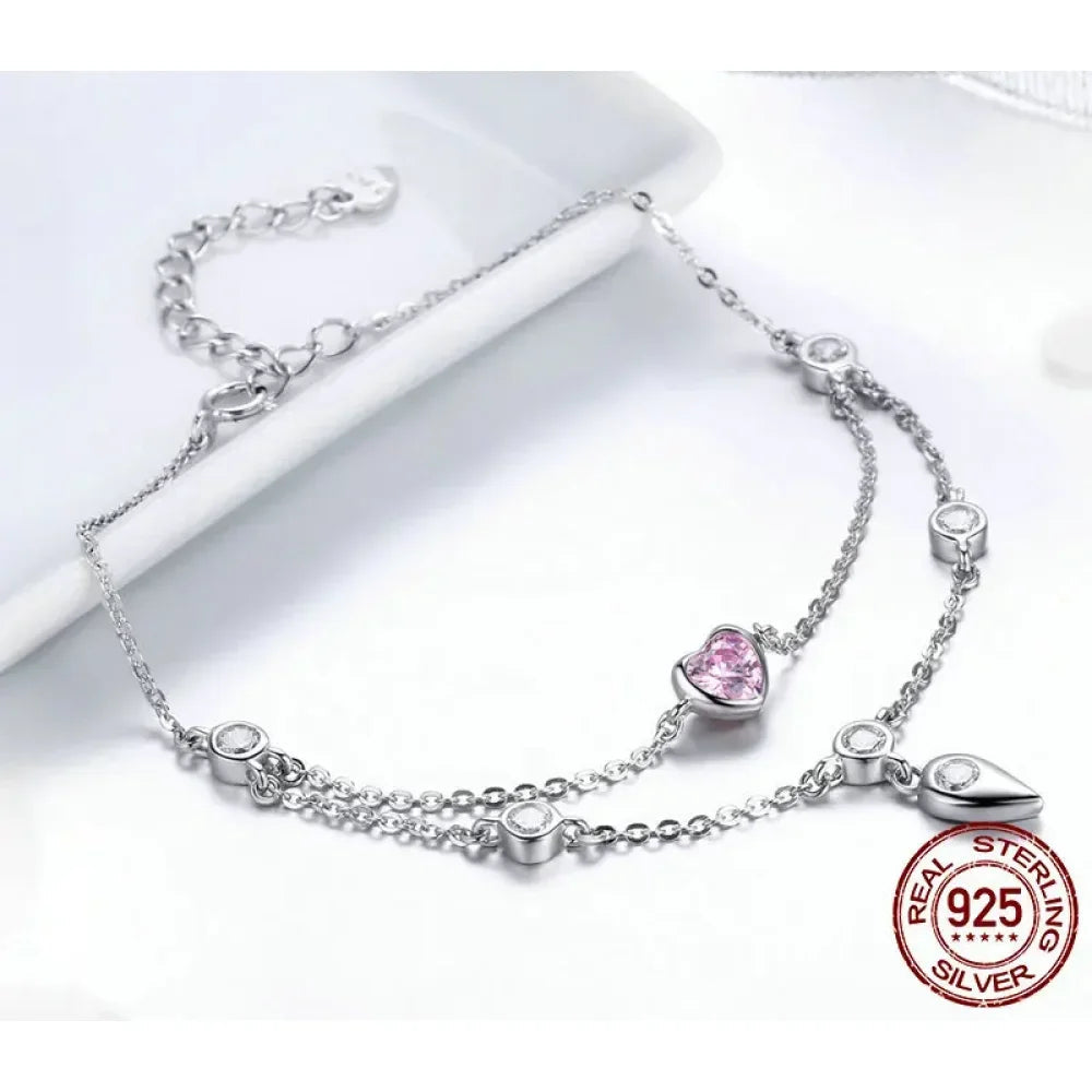 Sterling Silver Double Layer Bracelet with Pink CZ Hearts - Velora Luxury Fashion