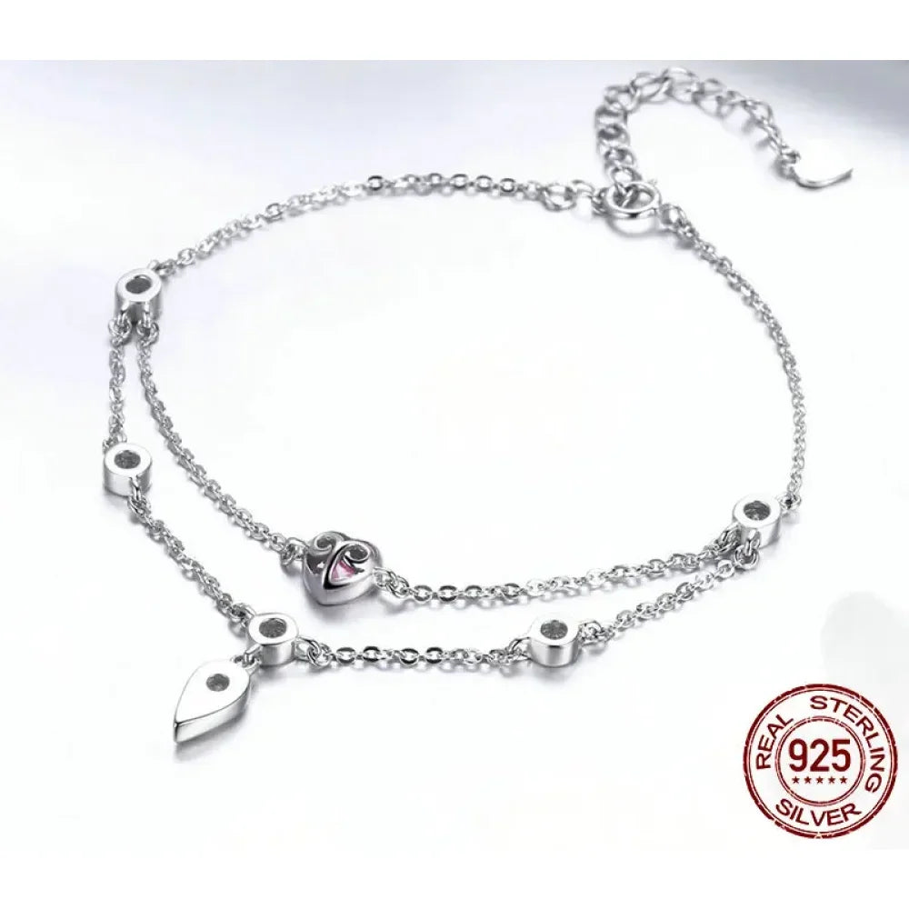 Sterling Silver Double Layer Bracelet with Pink CZ Hearts - Velora Luxury Fashion