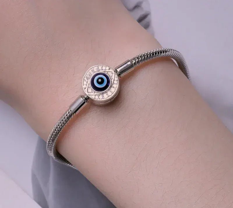 Sterling Silver Evil Eye Charm Bracelet with CZ – Snake Chain - Velora Luxury Fashion
