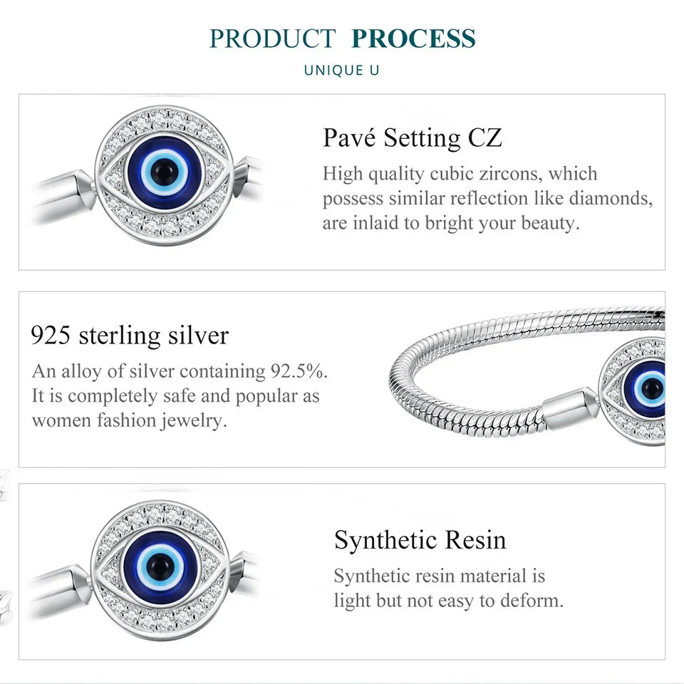 Sterling Silver Evil Eye Charm Bracelet with CZ – Snake Chain - Velora Luxury Fashion