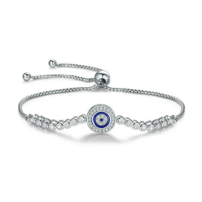 Sterling Silver Evil Eye Tennis Bracelet with CZ – Adjustable - Velora Luxury Fashion