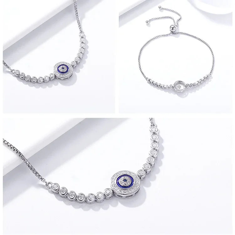 Sterling Silver Evil Eye Tennis Bracelet with CZ – Adjustable - Velora Luxury Fashion