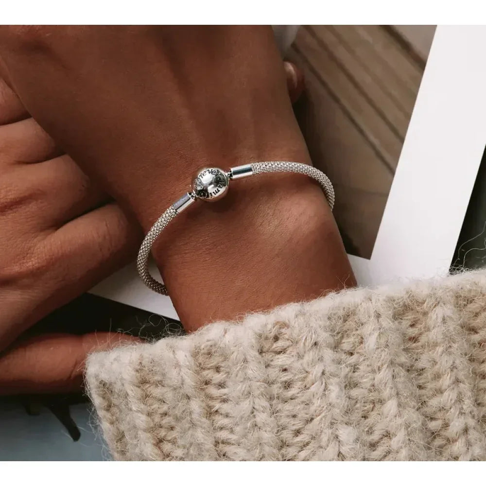 Sterling Silver Mesh Charm Bracelet – “Forever Love” Bead - Velora Luxury Fashion
