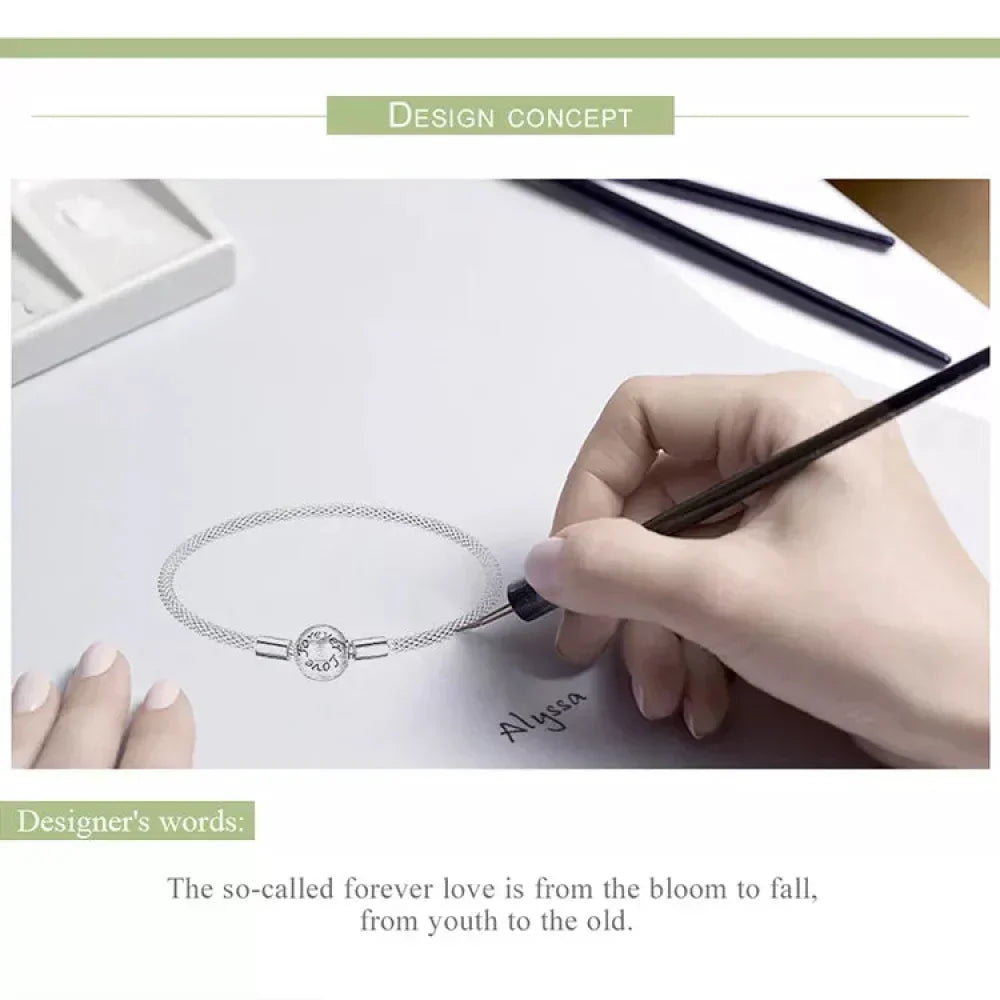 Sterling Silver Mesh Charm Bracelet – “Forever Love” Bead - Velora Luxury Fashion