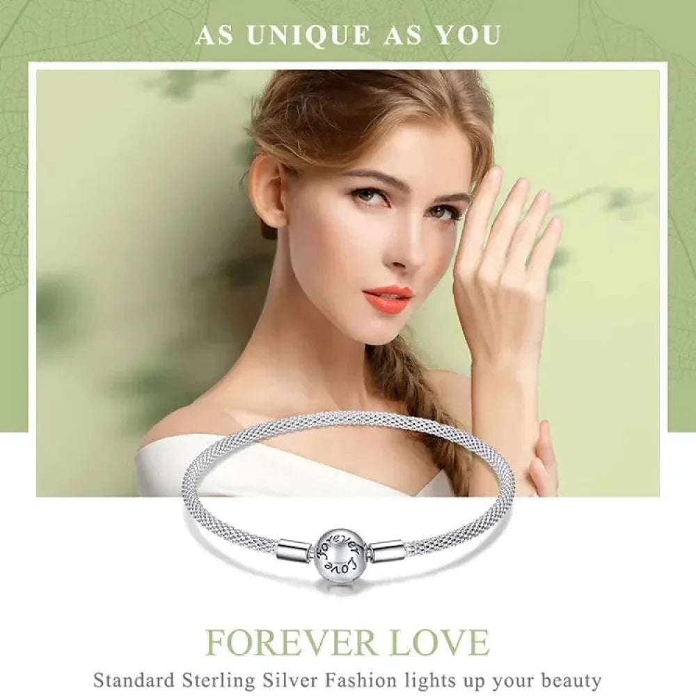 Sterling Silver Mesh Charm Bracelet – “Forever Love” Bead - Velora Luxury Fashion