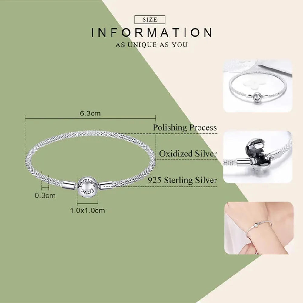 Sterling Silver Mesh Charm Bracelet – “Forever Love” Bead - Velora Luxury Fashion