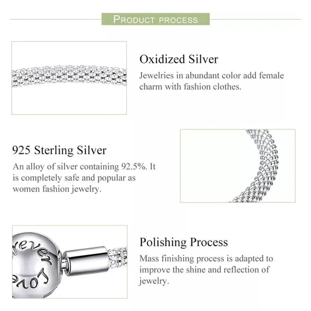 Sterling Silver Mesh Charm Bracelet – “Forever Love” Bead - Velora Luxury Fashion