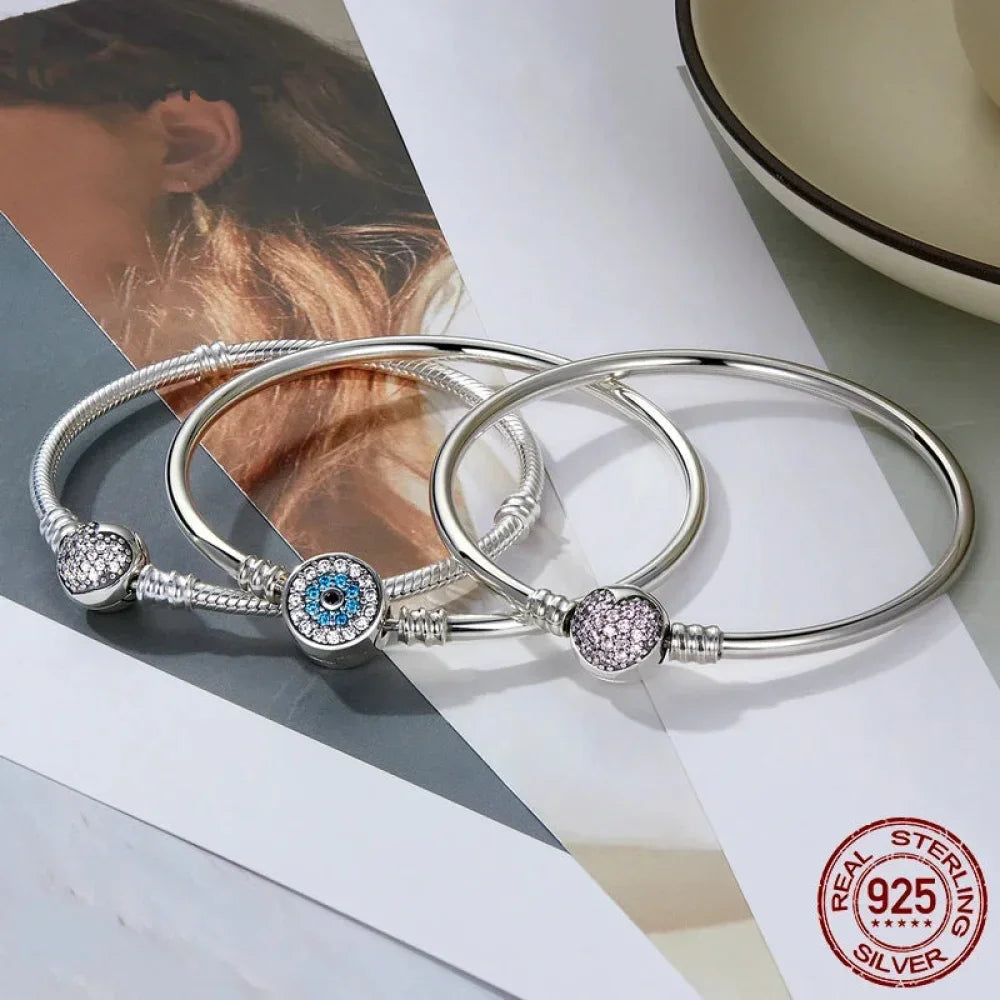 Sterling Silver Snake Chain Bangle Bracelet with CZ Pavé - Velora Luxury Fashion