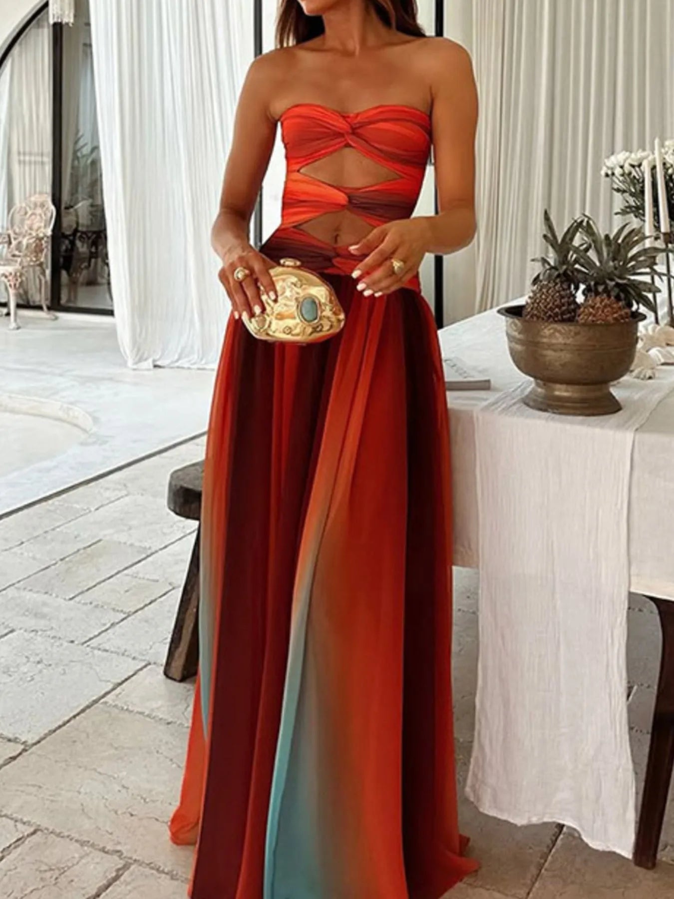 Strapless Cut-Out Rainbow Gradient Maxi Dress - Velora Luxury Fashion