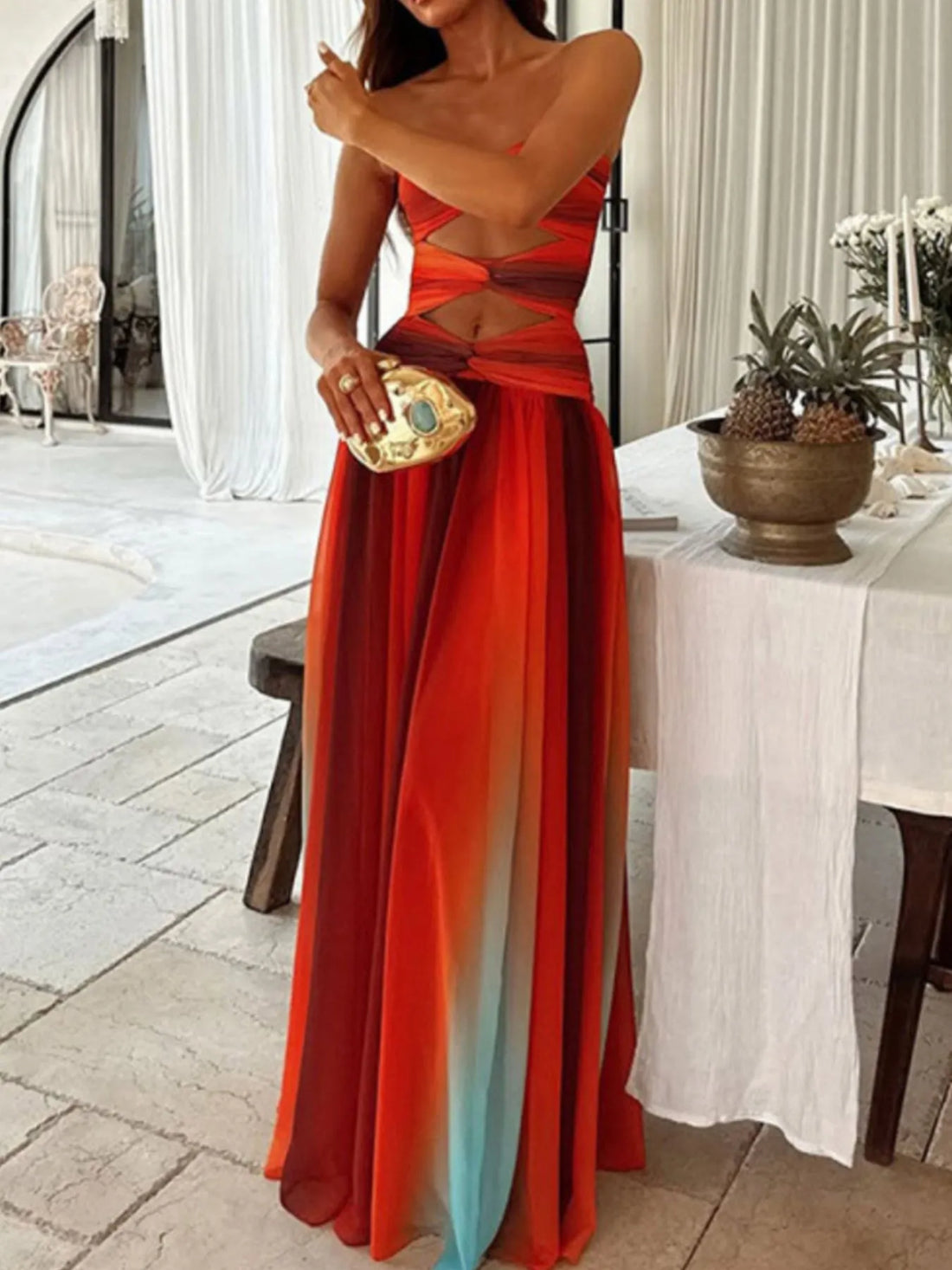Strapless Cut-Out Rainbow Gradient Maxi Dress - Velora Luxury Fashion