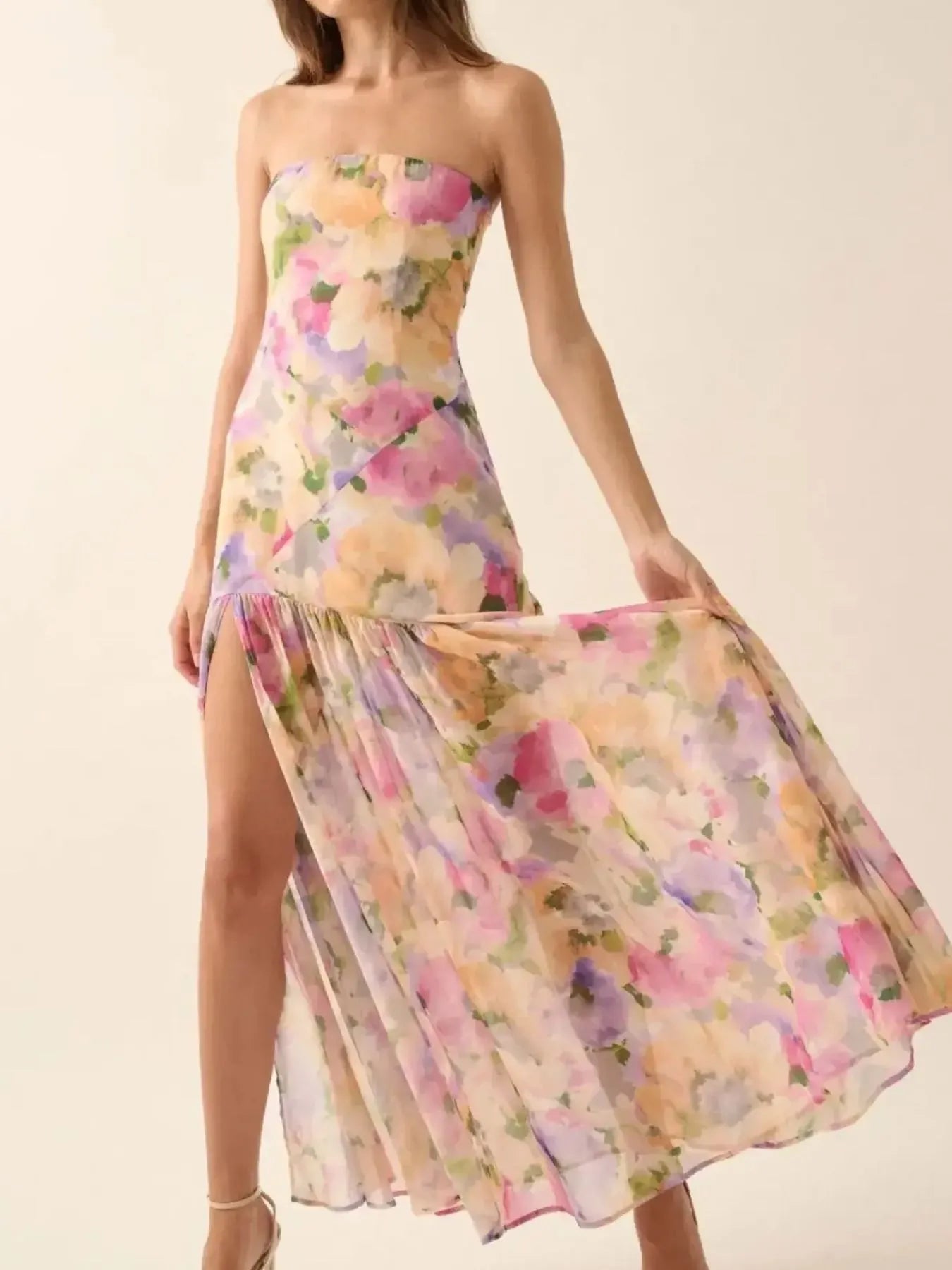 Strapless Floral Maxi Dress with Side Slit - Velora Luxury Fashion