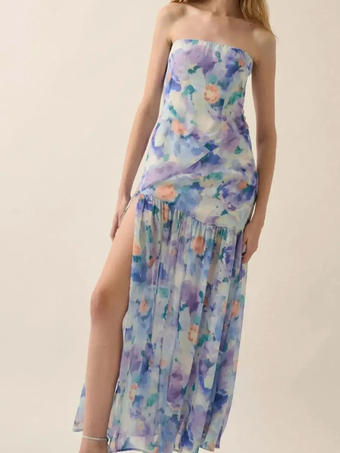 Strapless Floral Maxi Dress with Side Slit - Velora Luxury Fashion