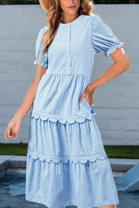 Stripe Bubble Short Sleeve Tiered Scallop Midi Dress - Velora Luxury Fashion