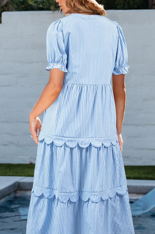 Stripe Bubble Short Sleeve Tiered Scallop Midi Dress - Velora Luxury Fashion