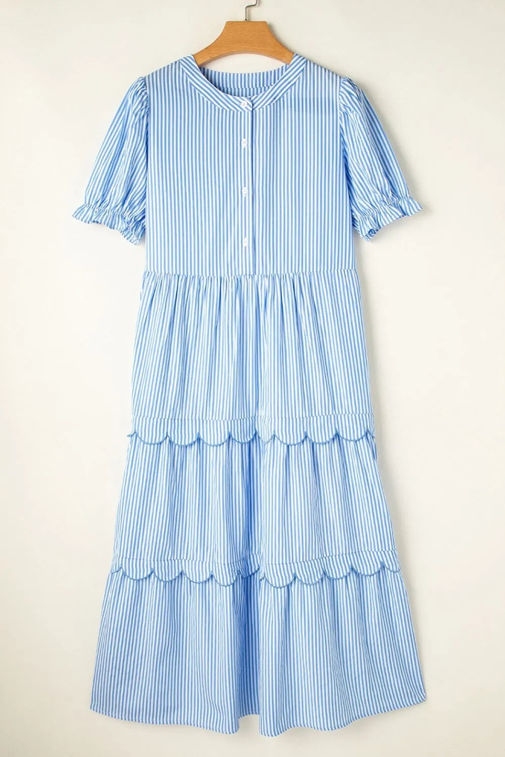 Stripe Bubble Short Sleeve Tiered Scallop Midi Dress - Velora Luxury Fashion