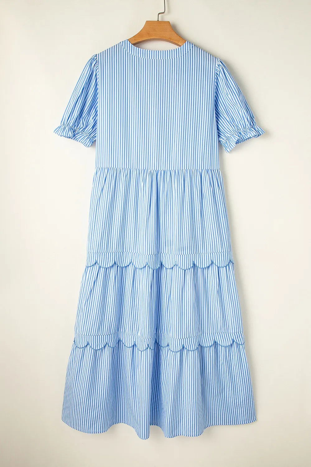 Stripe Bubble Short Sleeve Tiered Scallop Midi Dress - Velora Luxury Fashion