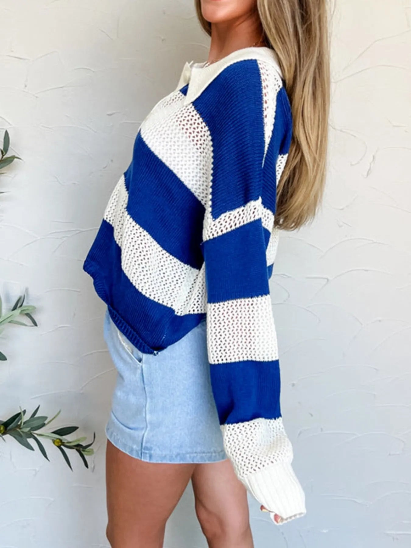 Stripe Colorblock Polo Collar Crochet Knitted Cover Up - Velora Luxury Fashion