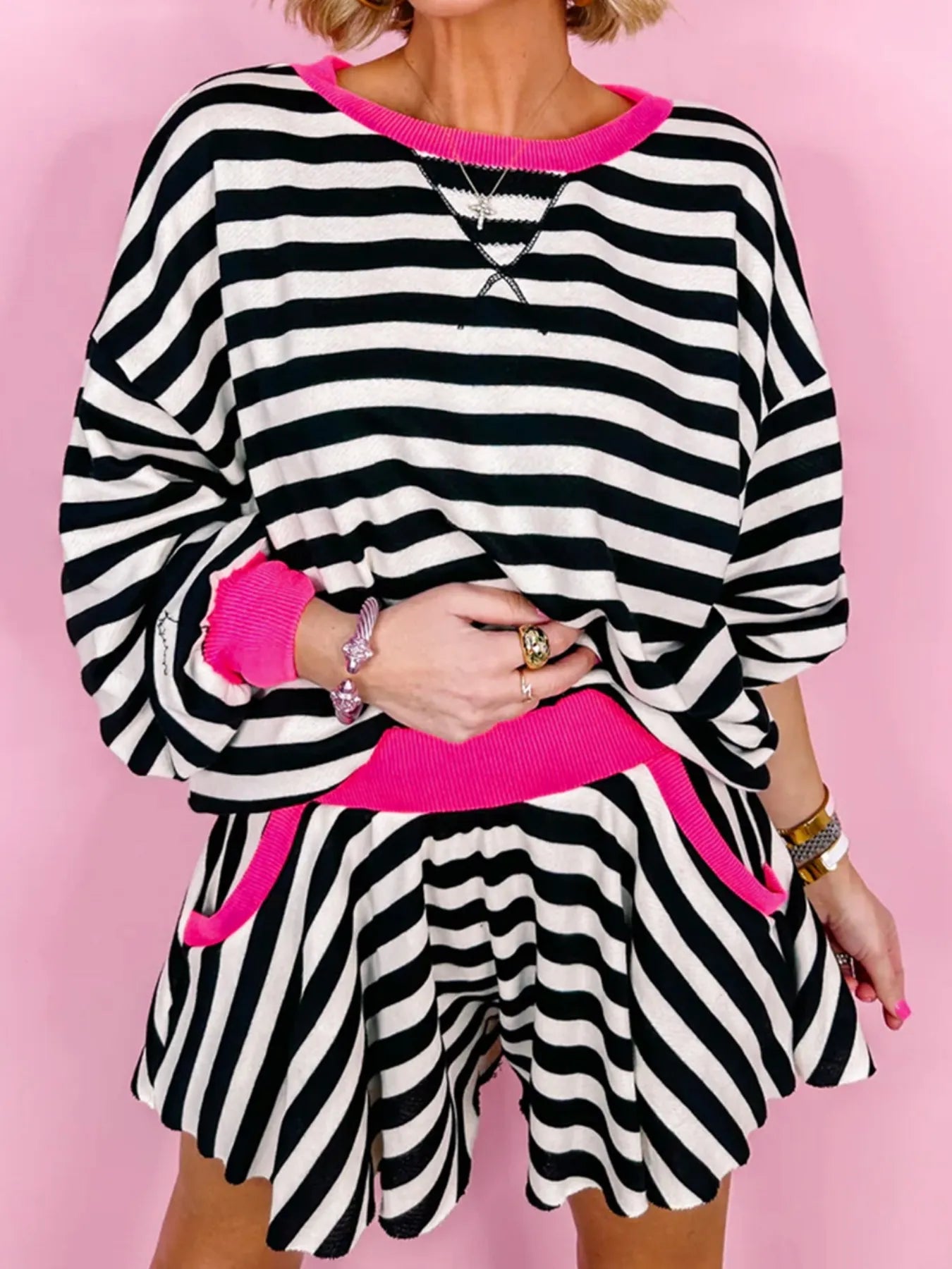 Stripe Contrast Ribbed Banding Long Sleeve Blouse and Loose Shorts Set - Velora Luxury Fashion
