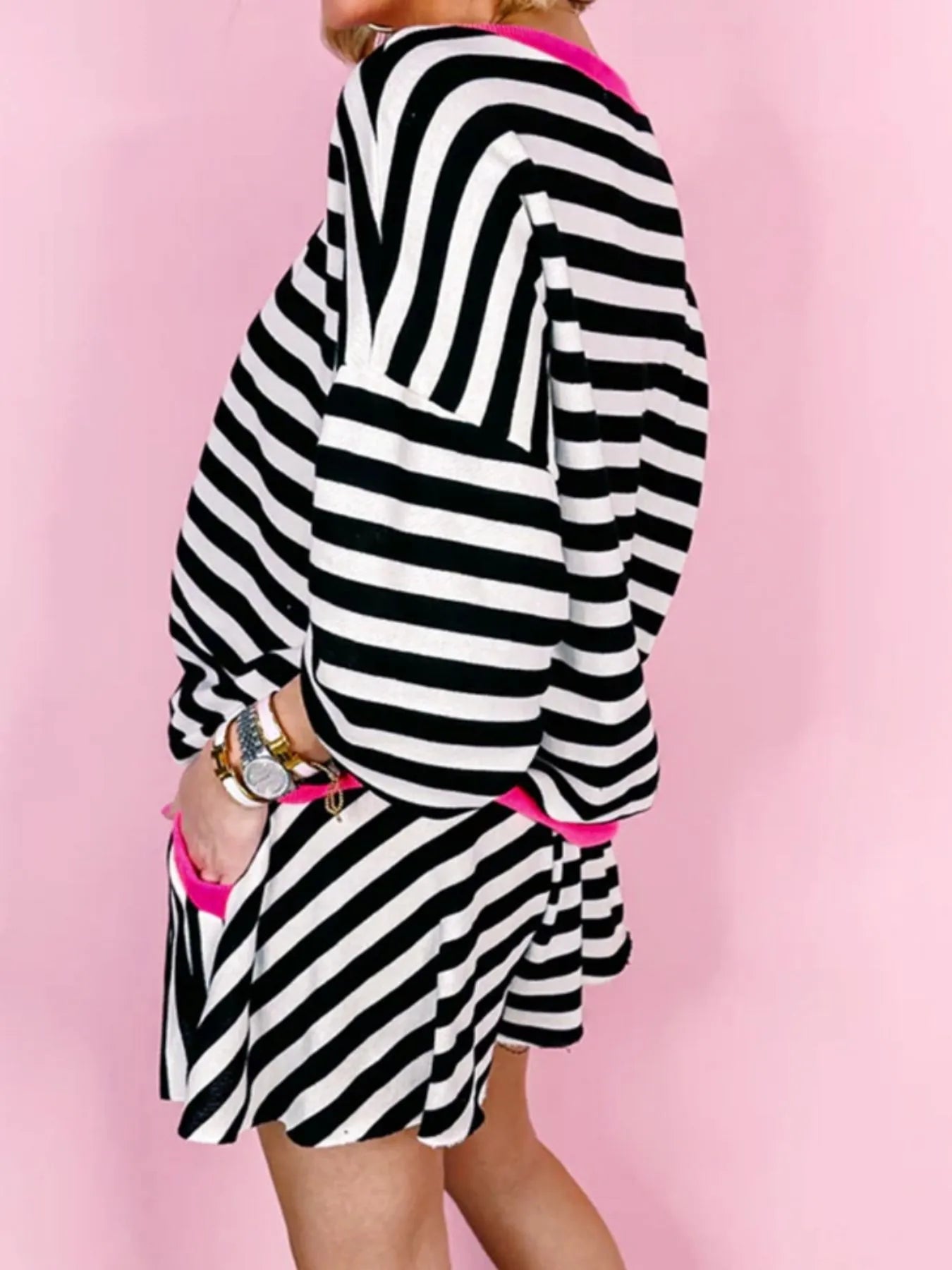 Stripe Contrast Ribbed Banding Long Sleeve Blouse and Loose Shorts Set - Velora Luxury Fashion