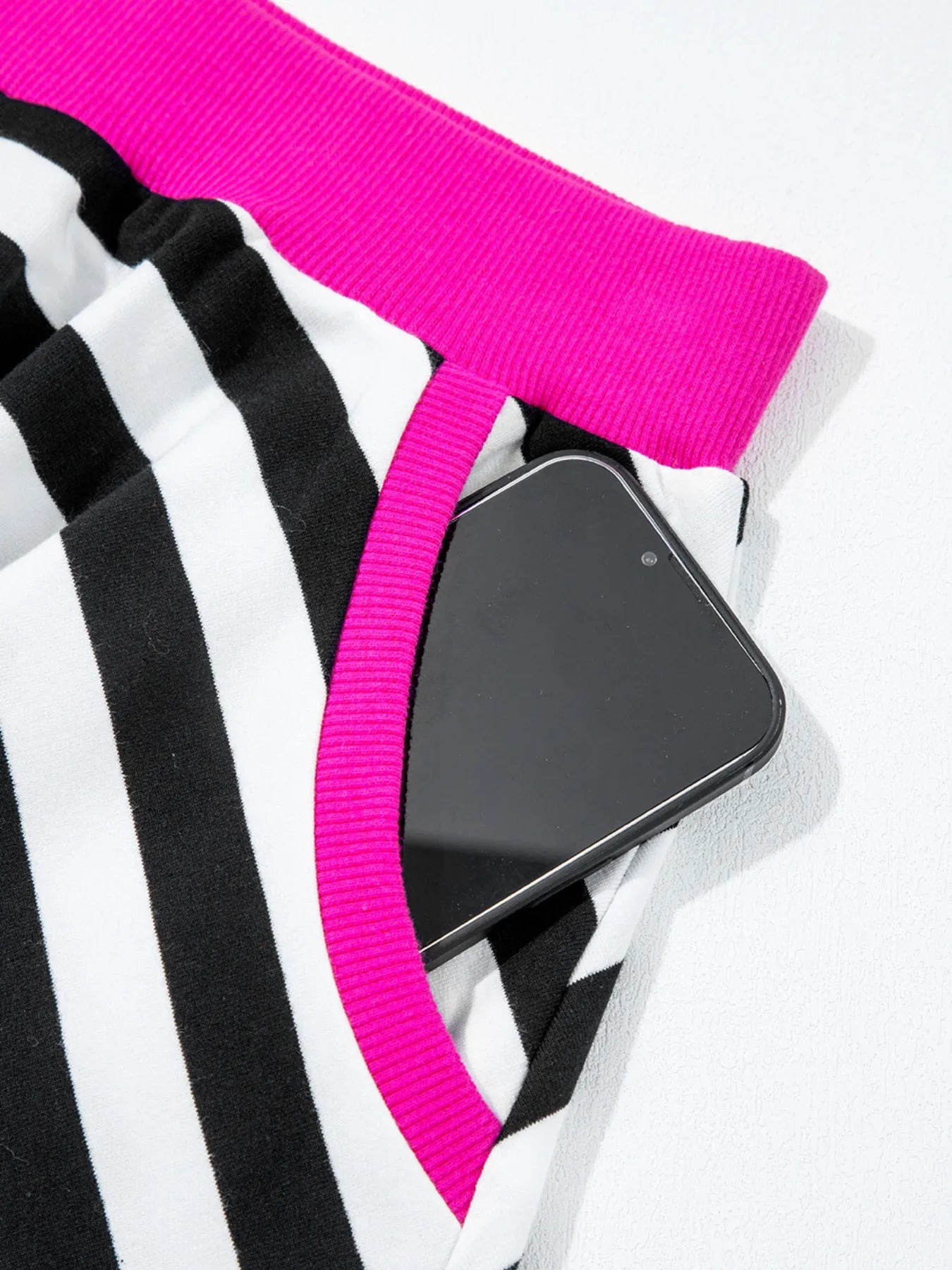 Stripe Contrast Ribbed Banding Long Sleeve Blouse and Loose Shorts Set - Velora Luxury Fashion