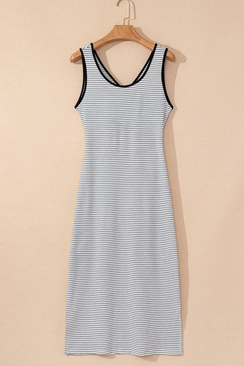 Stripe Crisscross Side Slits Slim Fit Sleeveless Midi Dress - Velora Luxury Fashion