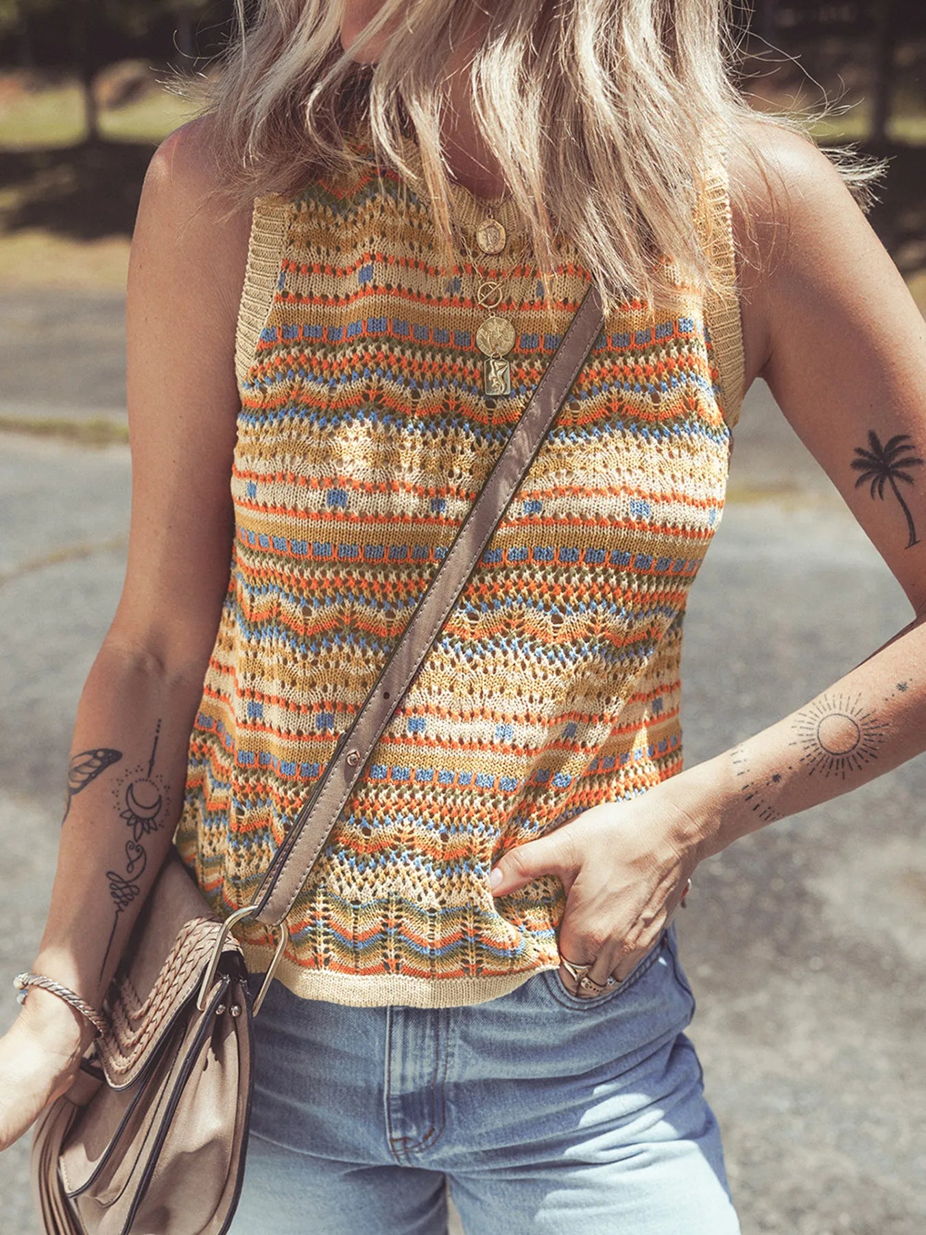 Stripe Eyelet Crochet Round Neck Sweater Vest - Velora Luxury Fashion