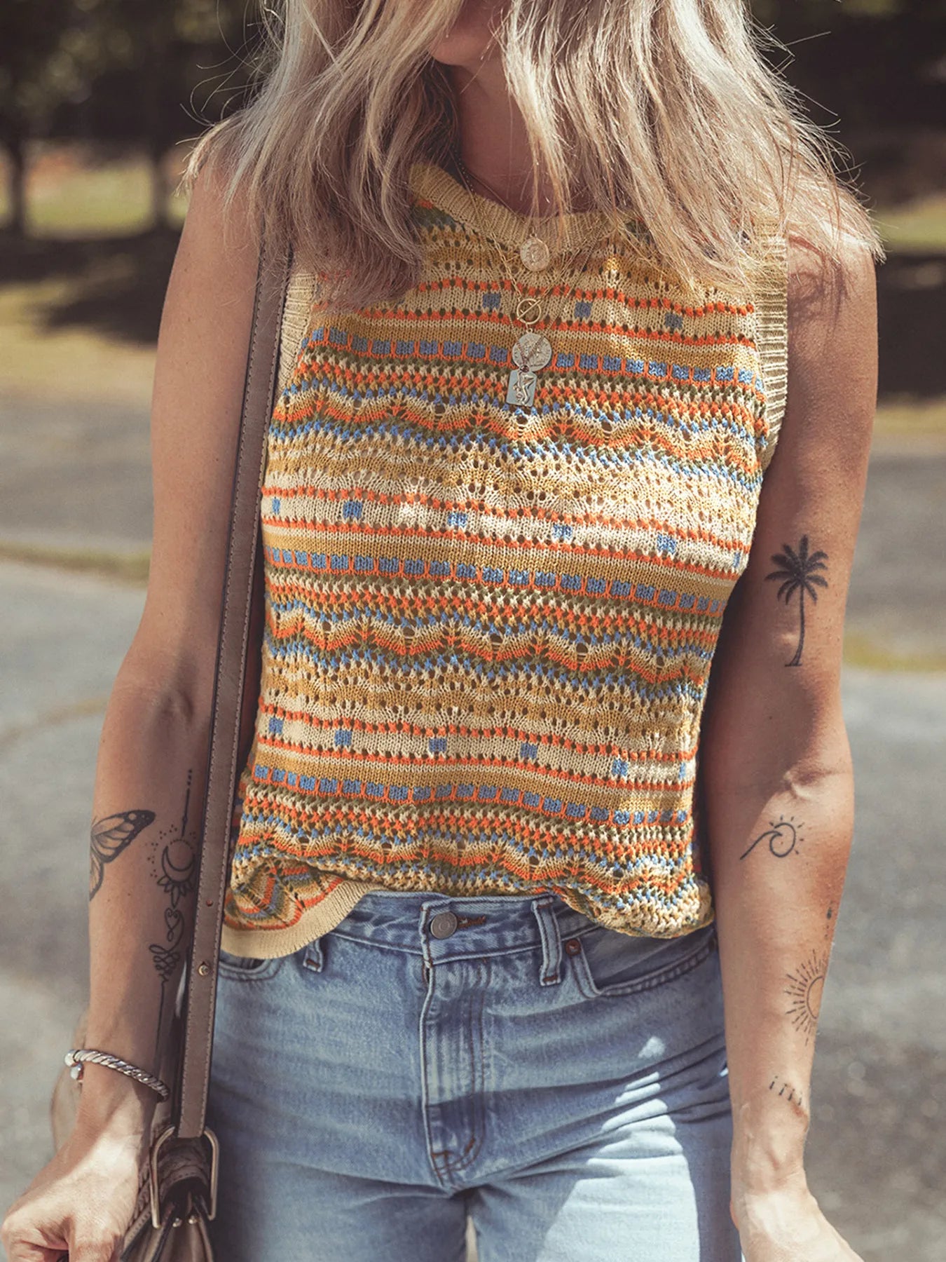 Stripe Eyelet Crochet Round Neck Sweater Vest - Velora Luxury Fashion