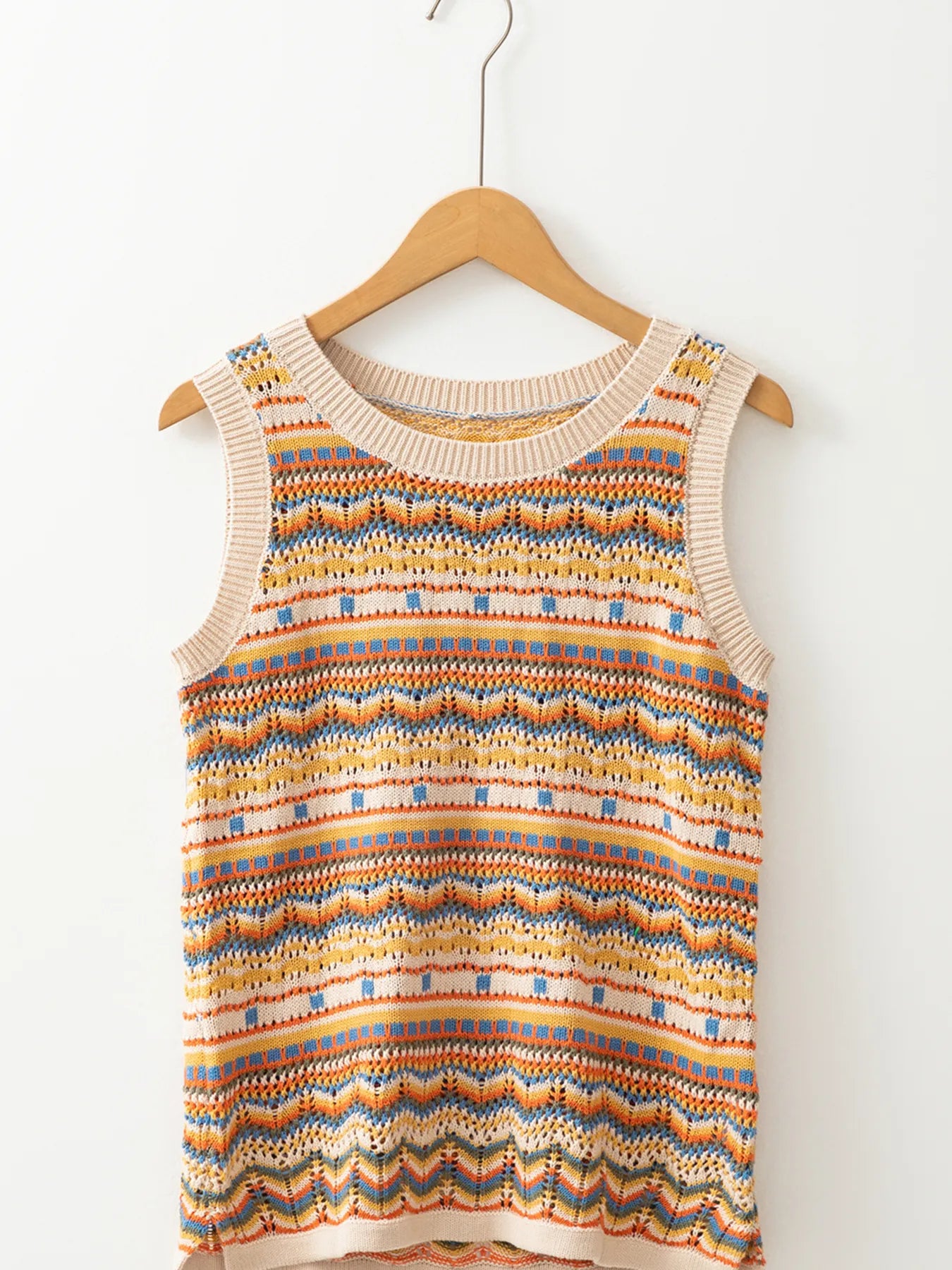 Stripe Eyelet Crochet Round Neck Sweater Vest - Velora Luxury Fashion