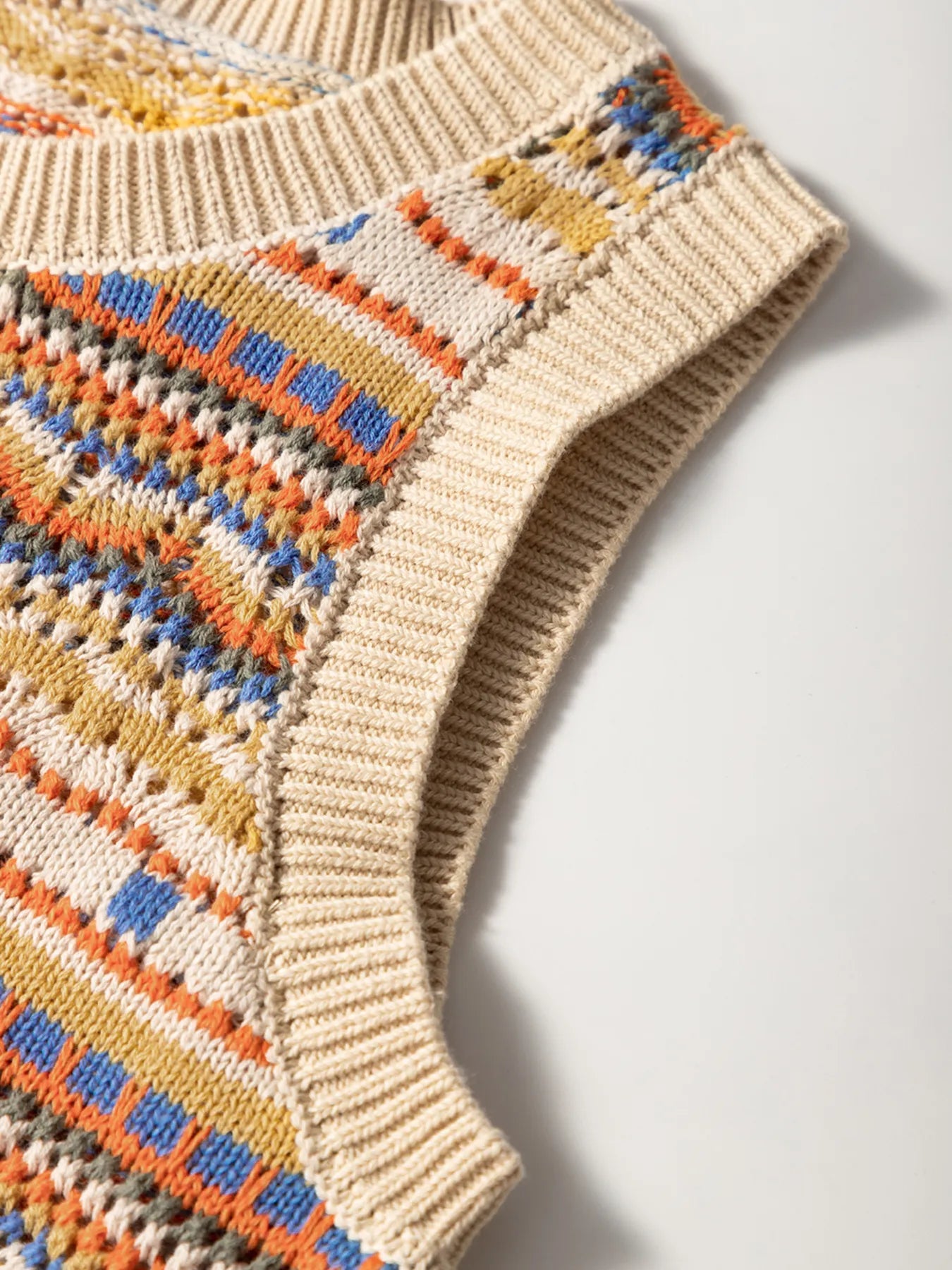 Stripe Eyelet Crochet Round Neck Sweater Vest - Velora Luxury Fashion