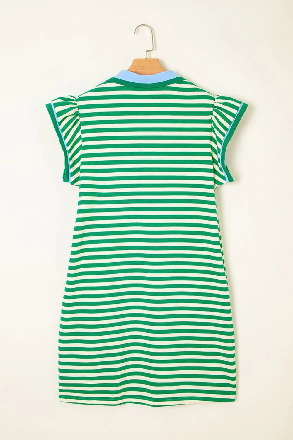 Stripe Print Contrast Collar Split Neck Flutter Sleeve Dress - Velora Luxury Fashion