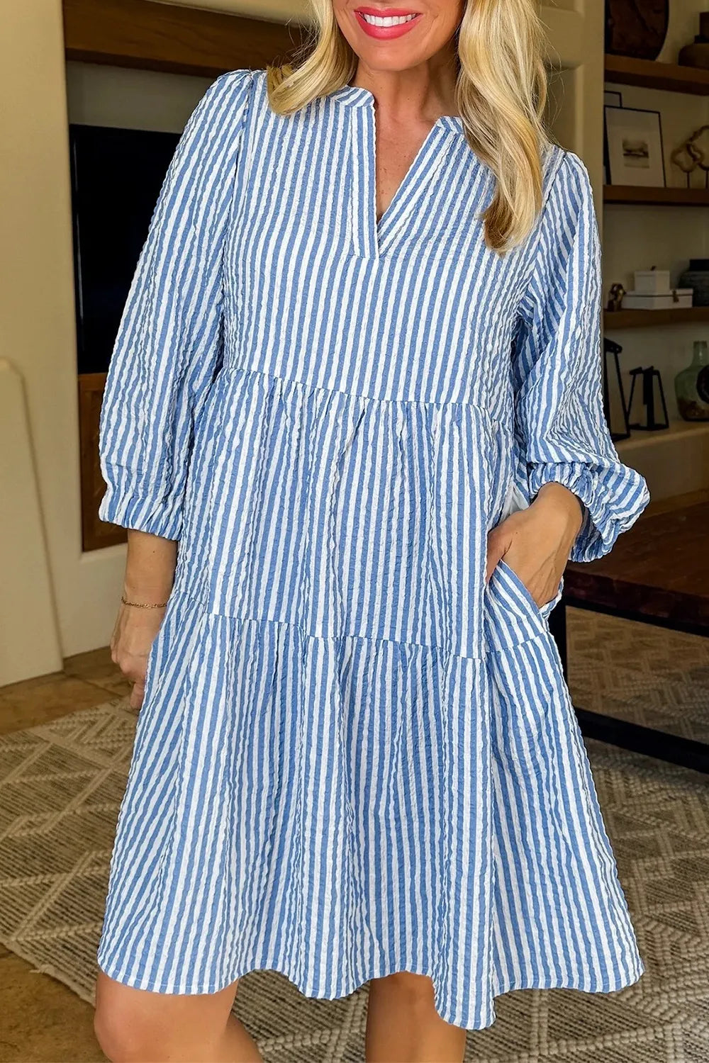 Stripe Tiered Shift Dress with Pockets - Velora Luxury Fashion