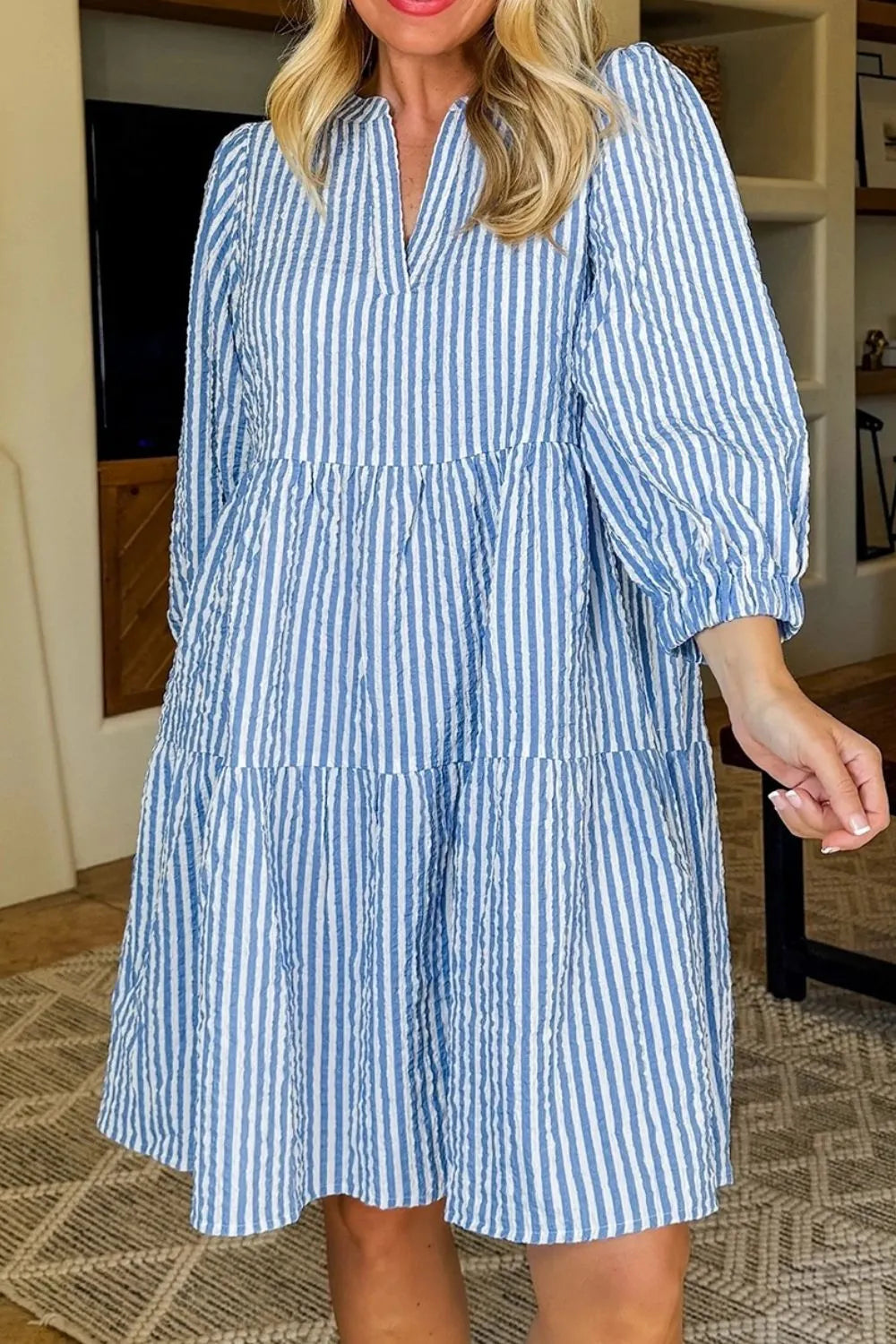 Stripe Tiered Shift Dress with Pockets - Velora Luxury Fashion