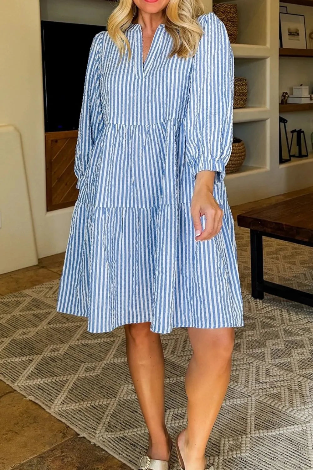 Stripe Tiered Shift Dress with Pockets - Velora Luxury Fashion
