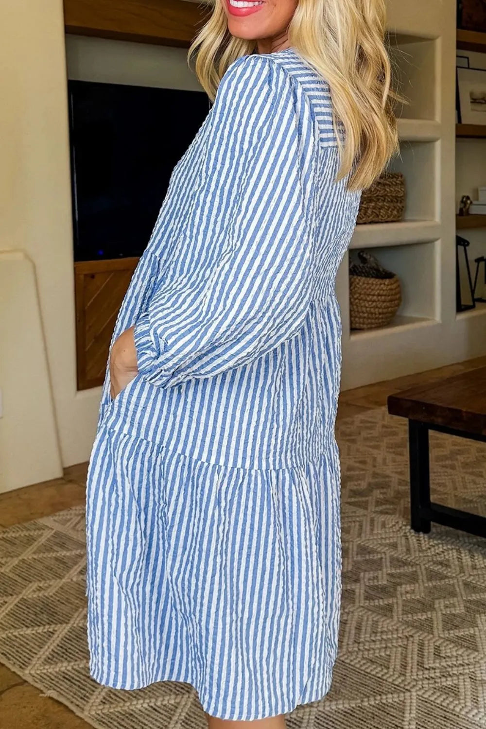 Stripe Tiered Shift Dress with Pockets - Velora Luxury Fashion