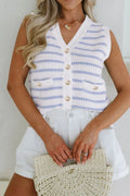 Stripe V Neck Gold Buttons Elegant Sweater Vest - Velora Luxury Fashion