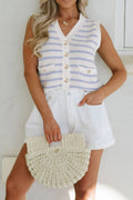 Stripe V Neck Gold Buttons Elegant Sweater Vest - Velora Luxury Fashion