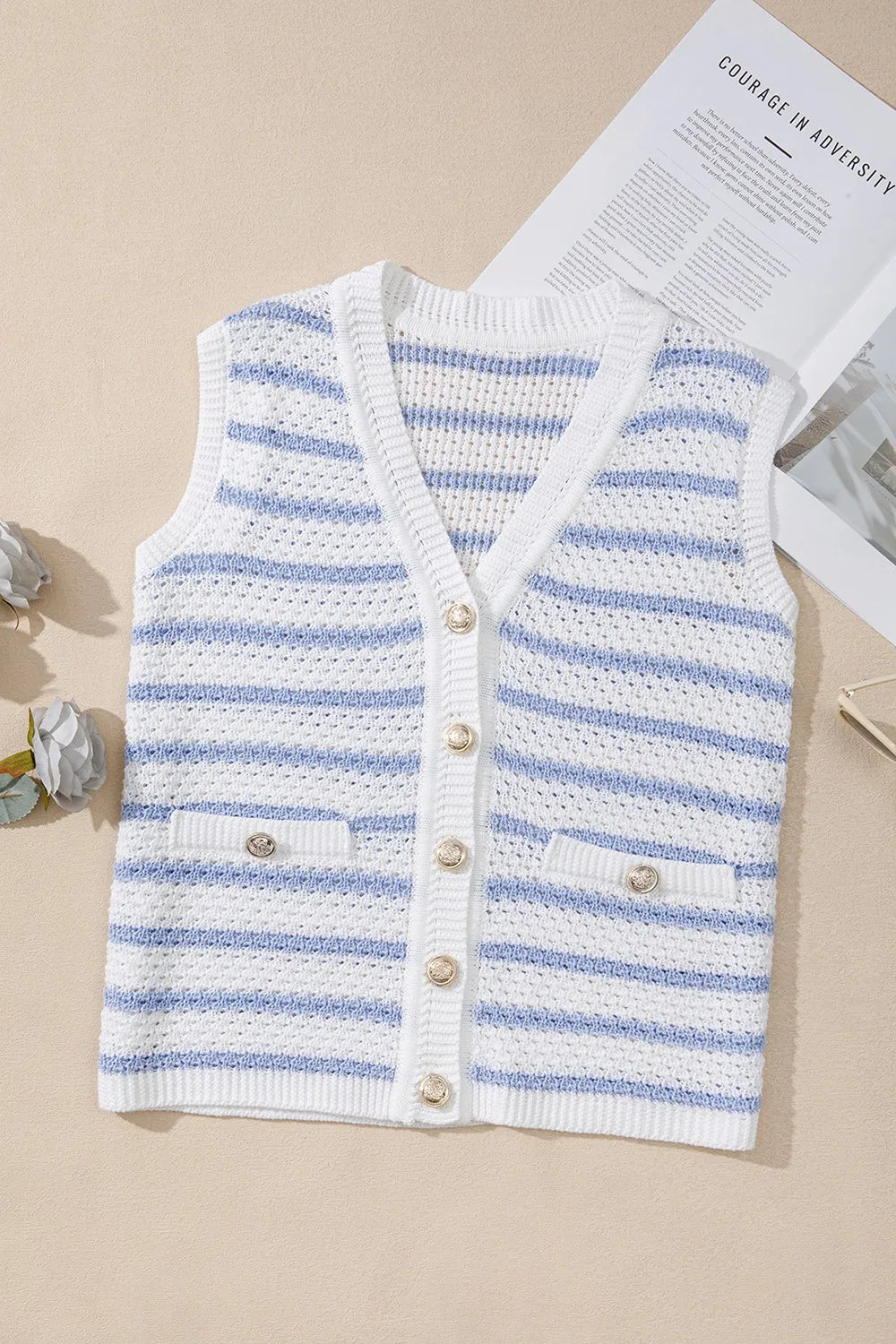 Stripe V Neck Gold Buttons Elegant Sweater Vest - Velora Luxury Fashion