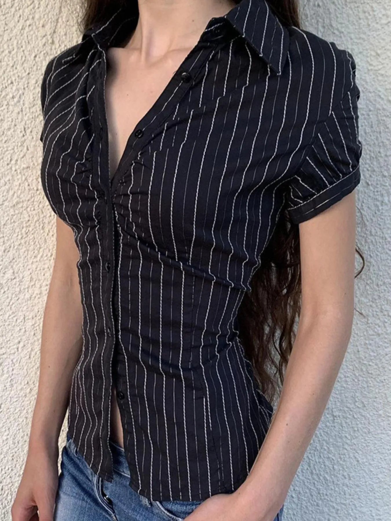 Striped Button-Down Collared Neck Shirt - Velora Luxury Fashion