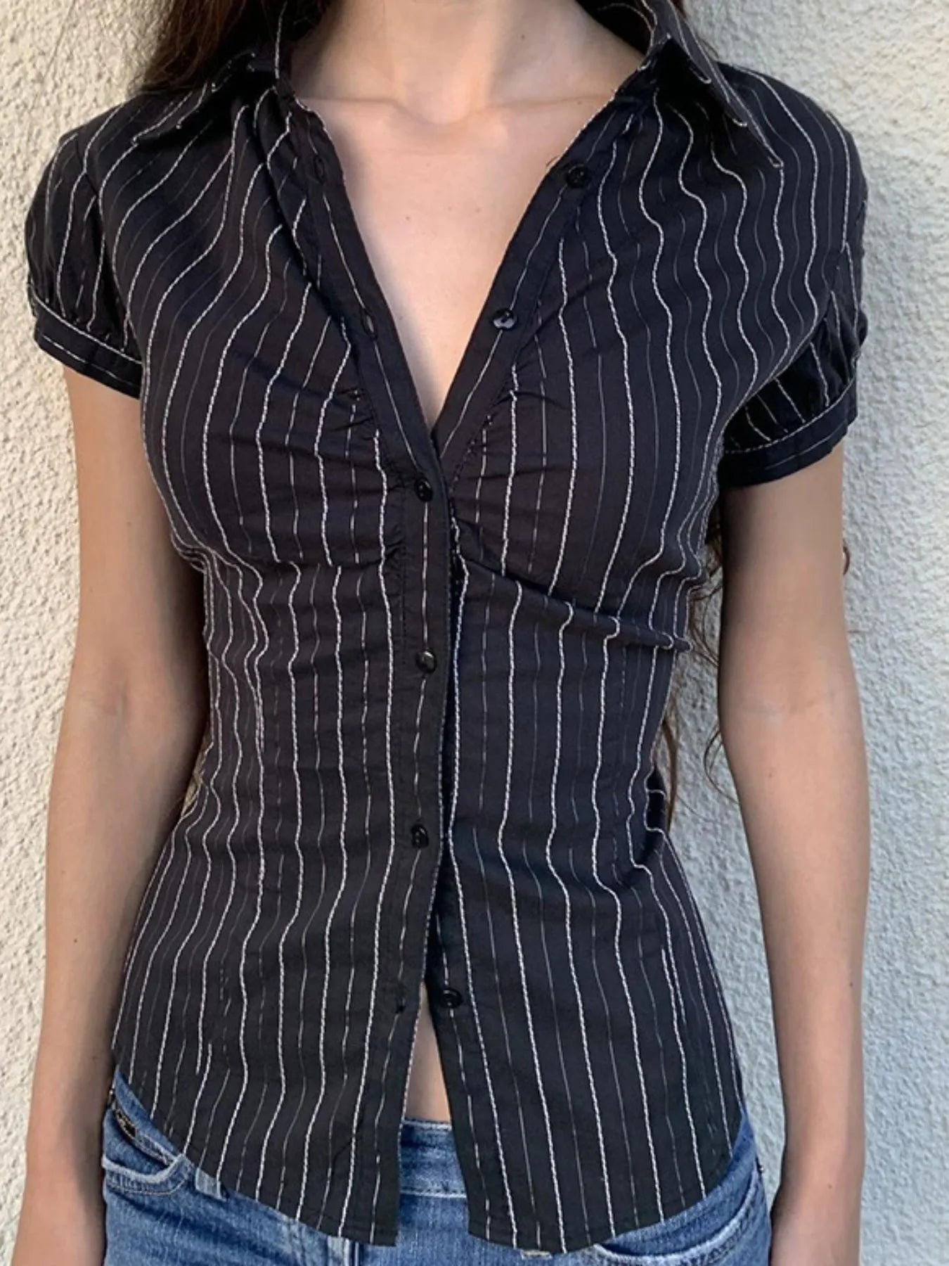 Striped Button-Down Collared Neck Shirt - Velora Luxury Fashion