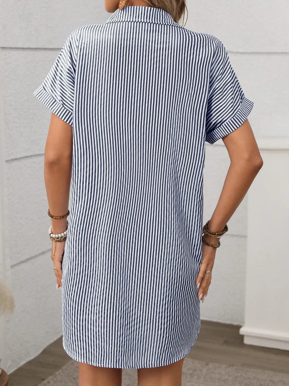 Striped Button Down Short Sleeve Mini Dress - Velora Luxury Fashion