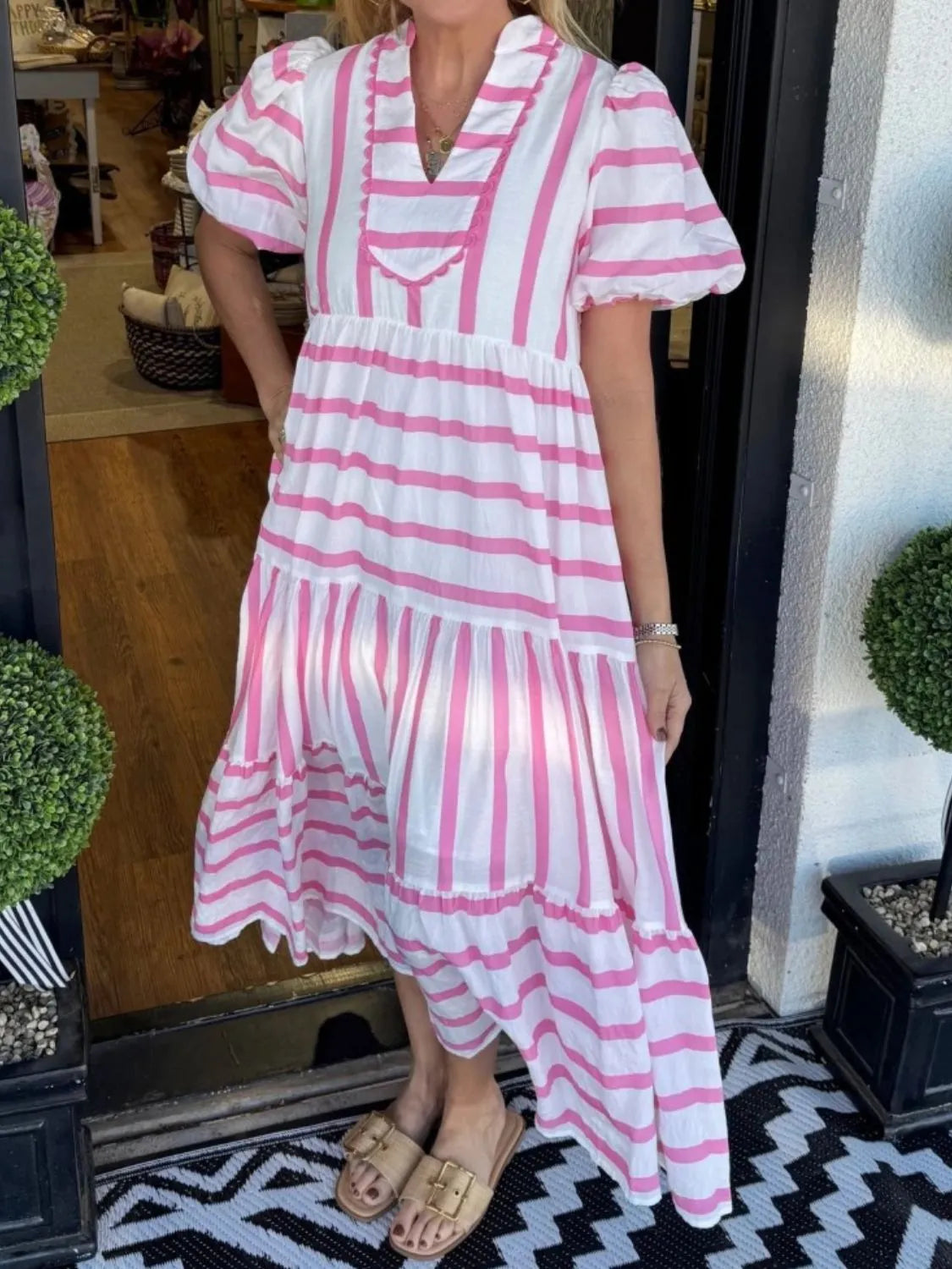 Striped Notched Puff Sleeve Midi Dress - Velora Luxury Fashion