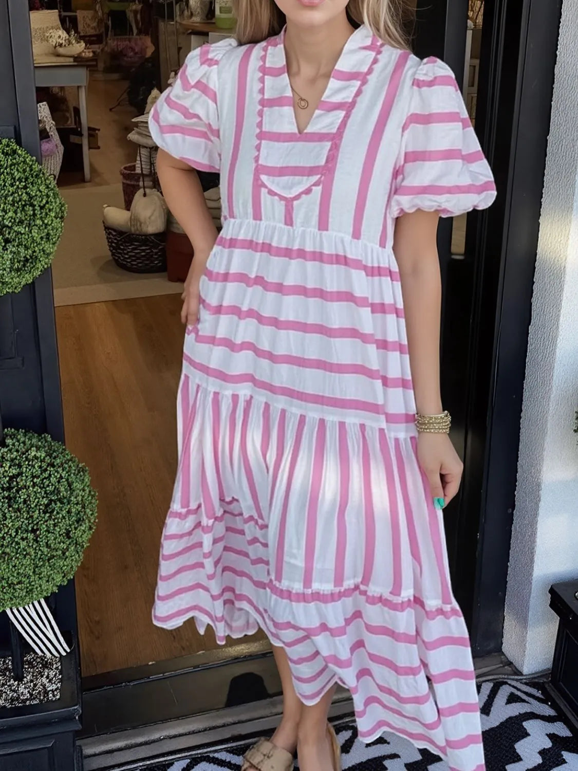 Striped Notched Puff Sleeve Midi Dress - Velora Luxury Fashion
