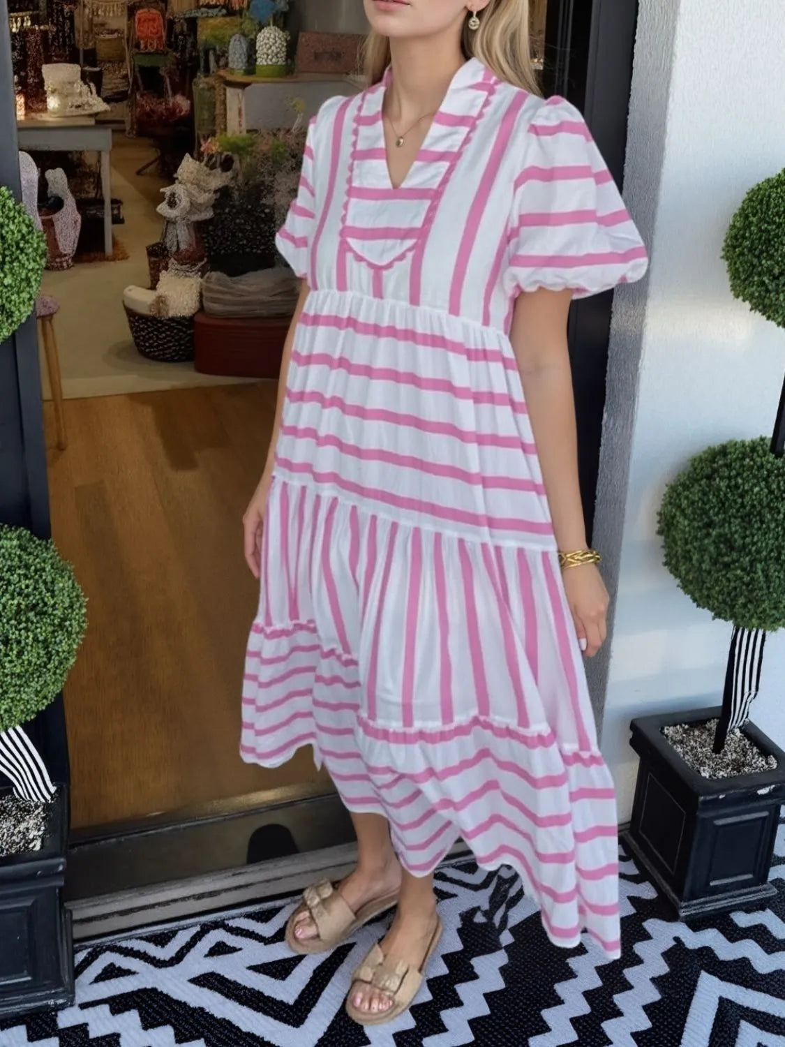 Striped Notched Puff Sleeve Midi Dress - Velora Luxury Fashion