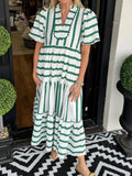 Striped Notched Puff Sleeve Midi Dress - Velora Luxury Fashion