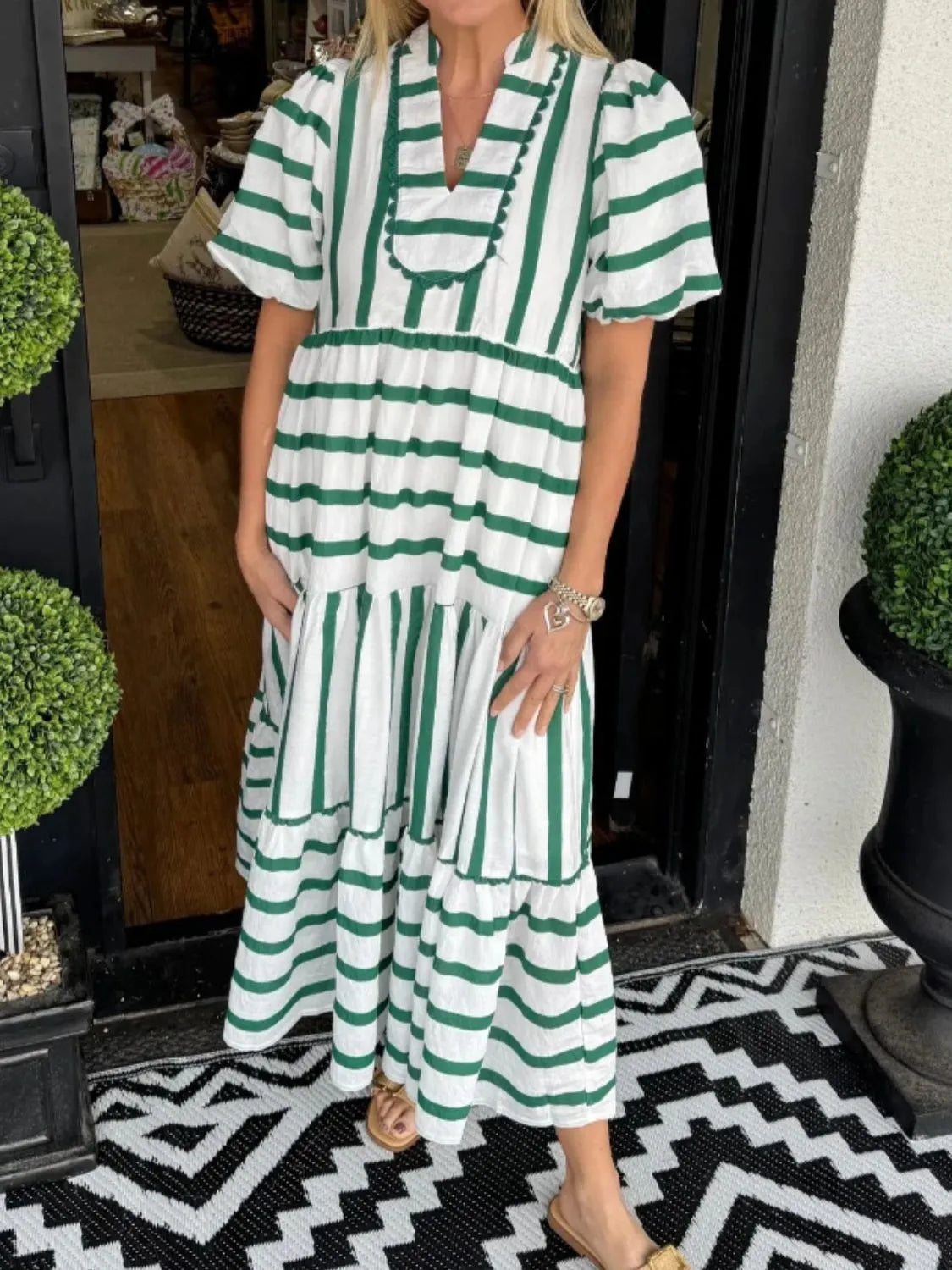Striped Notched Puff Sleeve Midi Dress - Velora Luxury Fashion